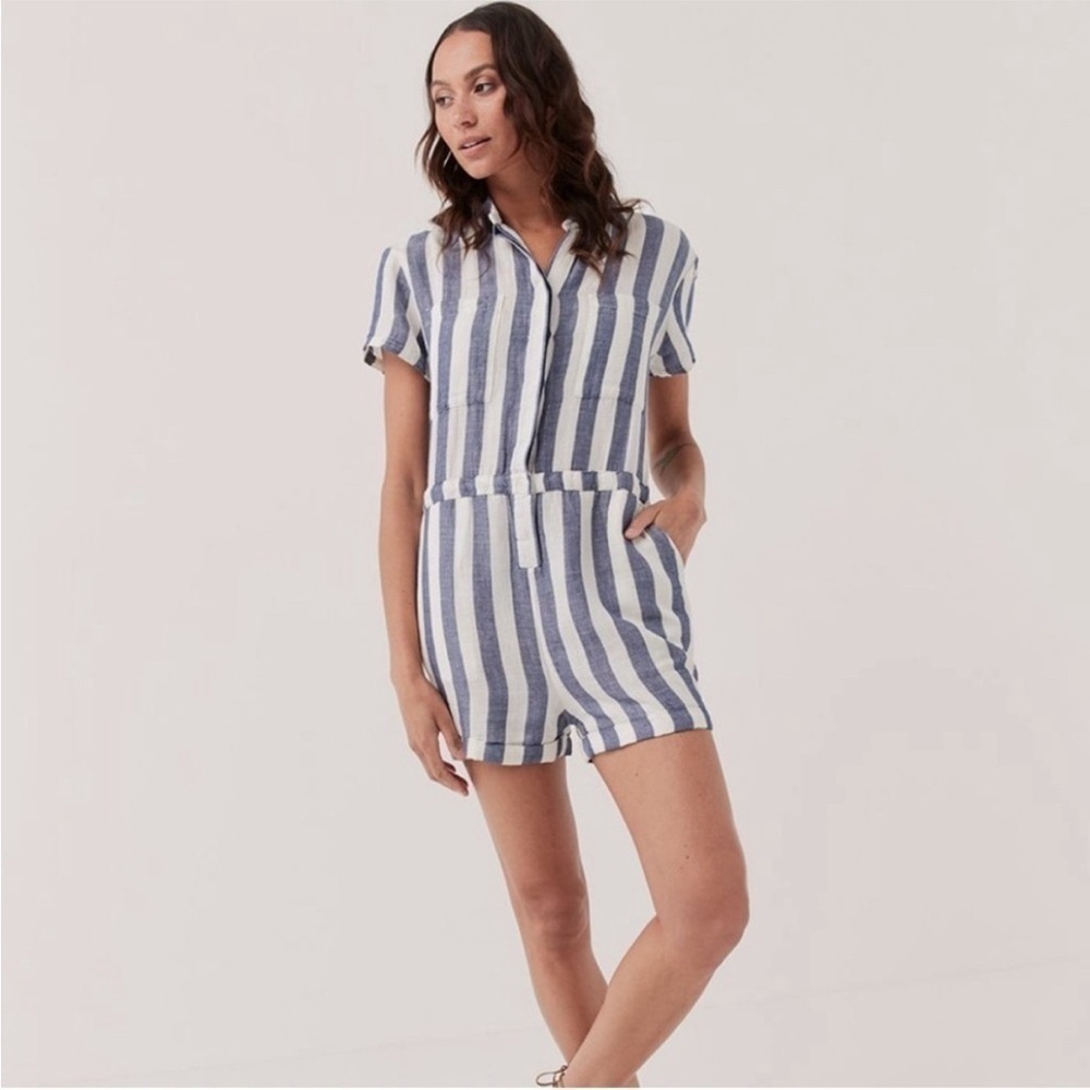 Pact The Harbour Stripes Organic Cotton Hemp Romper Shortall Jumpsuit One Piece